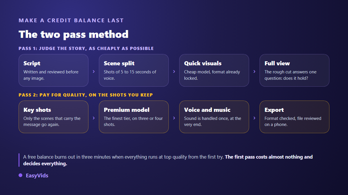 Two pass method to save credits during a free AI video generator trial: cheap draft first, polished final version second