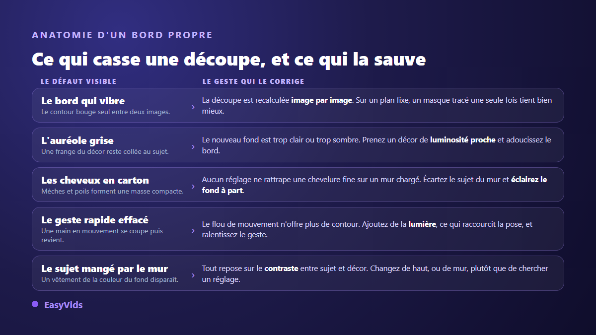 Les cinq défauts d'un détourage vidéo raté, bord qui vibre, auréole grise, cheveux compacts, geste flou effacé, sujet fondu dans le mur, avec le geste qui corrige chacun
