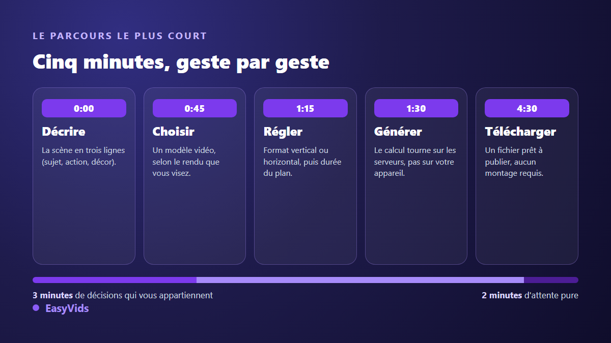 Les cinq gestes pour créer une vidéo avec l'IA en cinq minutes : décrire, choisir un modèle, régler le format, générer, télécharger