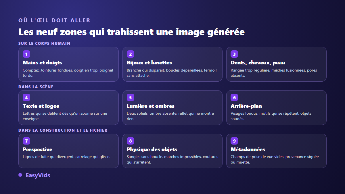 Les neuf zones à examiner pour reconnaître une image générée par IA : mains, bijoux, dents, texte, lumière, arrière-plan, perspective, physique des objets et métadonnées