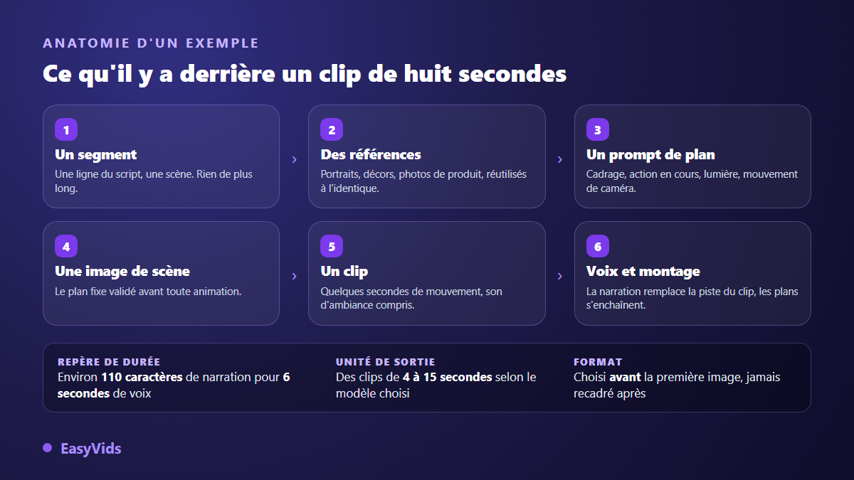 Anatomie d'un exemple de vidéo IA : segment de script, références, prompt de plan, image de scène, clip, voix et montage