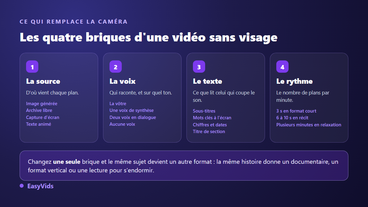 Les quatre briques d'une vidéo sans se filmer : source de l'image, voix, texte à l'écran et rythme de montage
