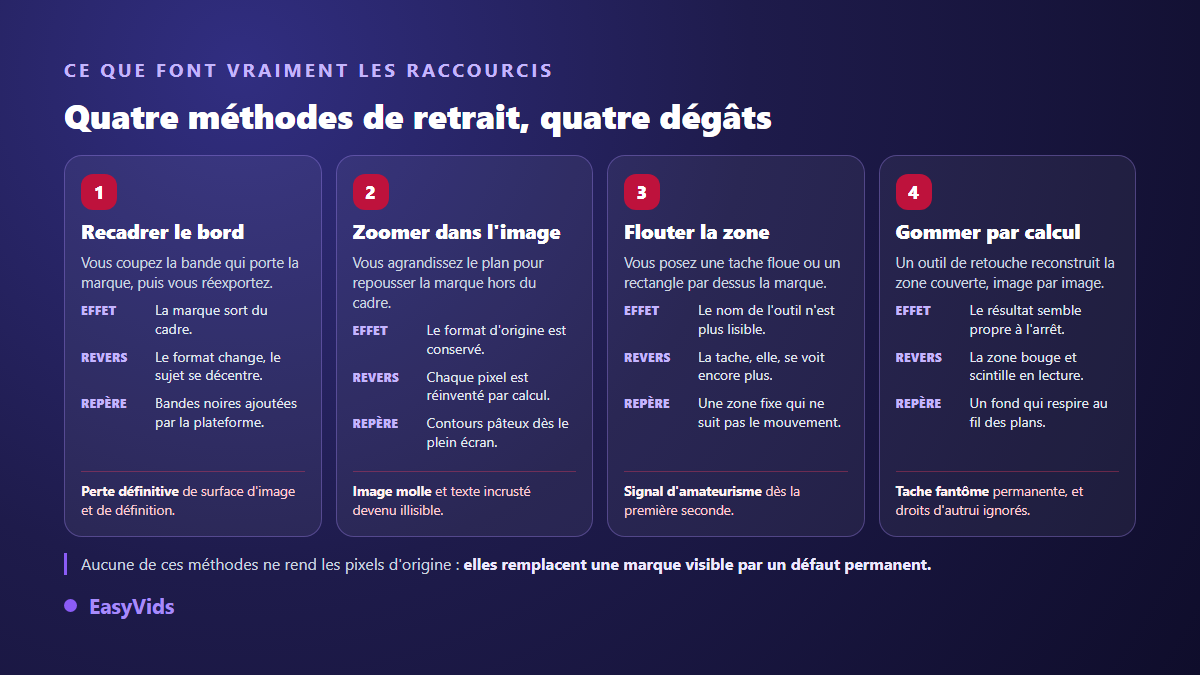 Quatre méthodes de suppression de filigrane sur une vidéo et les dégâts que chacune provoque sur l'image