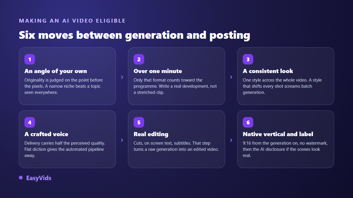 Six steps to make an AI-generated video eligible for TikTok Creator Rewards, from editorial angle to vertical publishing