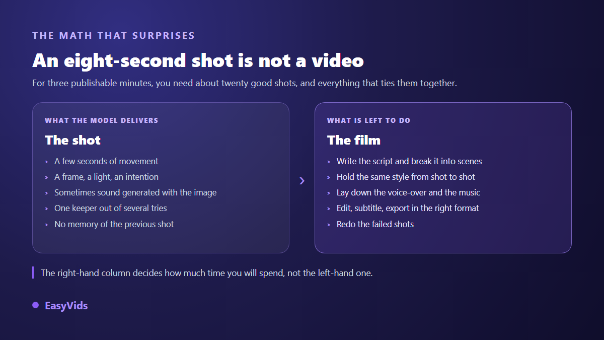 What an AI video generator delivers, the shot, compared with everything left to do before a publishable film