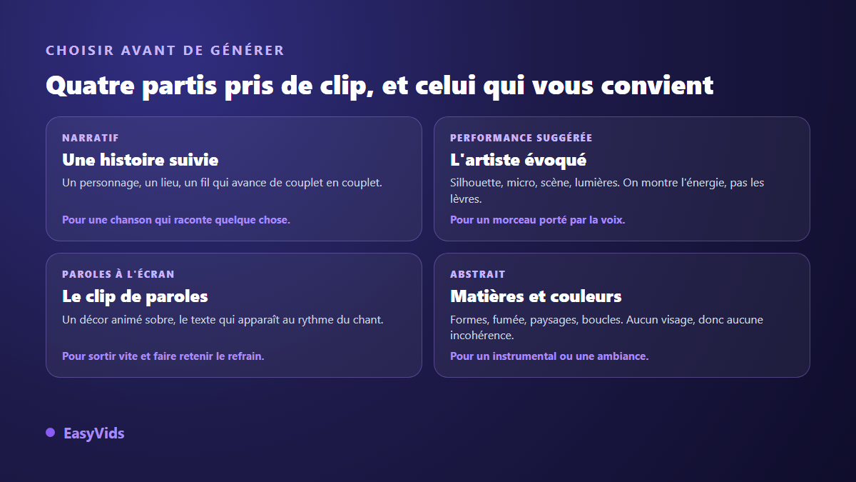 Quatre partis pris de clip musical IA : narratif, performance suggérée, paroles à l'écran et abstrait