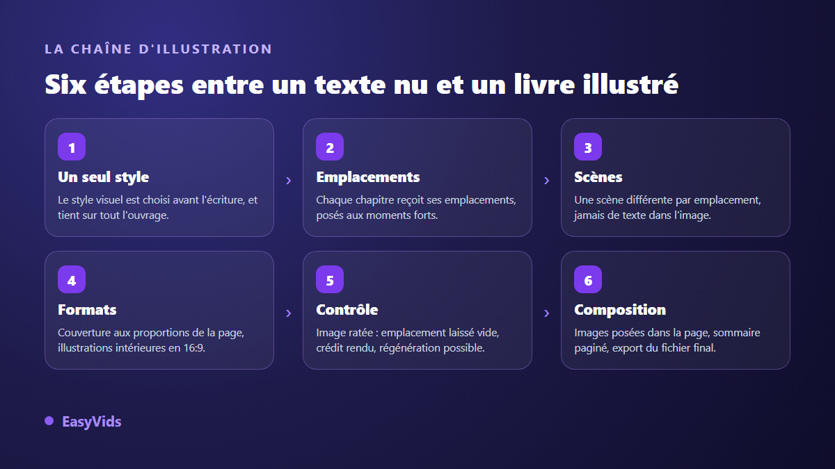 Les six étapes d'un ebook illustré par IA : style unique, emplacements, scènes, formats, contrôle des échecs, composition