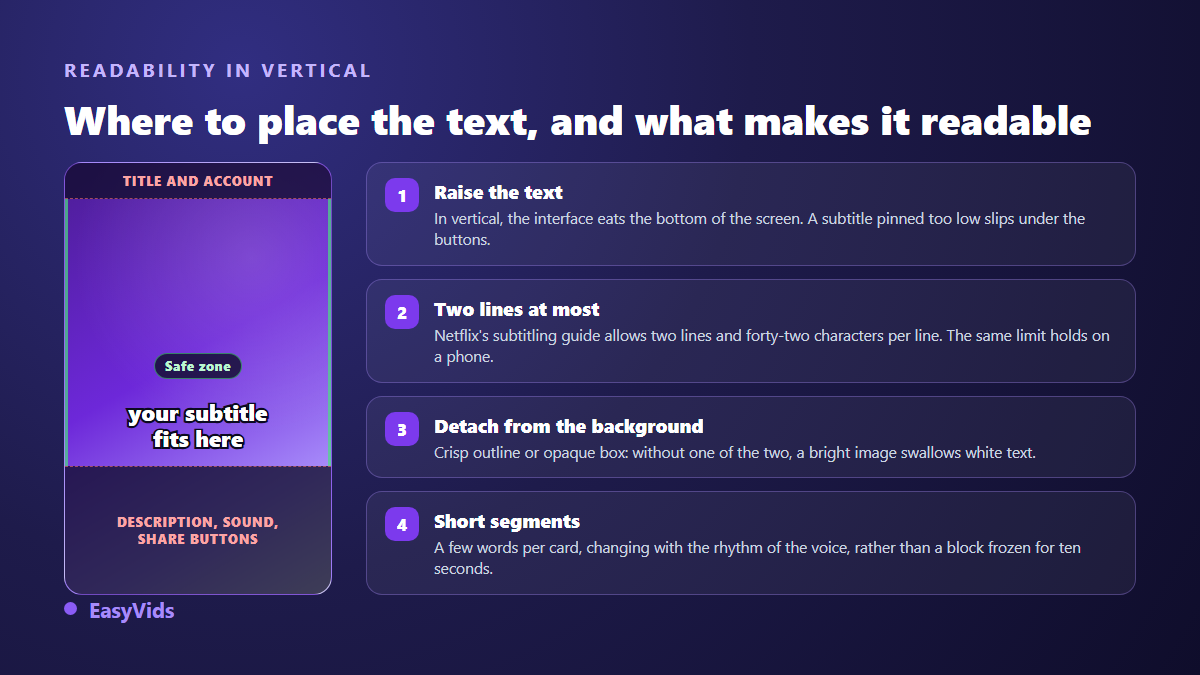 Safe zone for readable subtitles on a vertical video, with size, contrast and line length rules