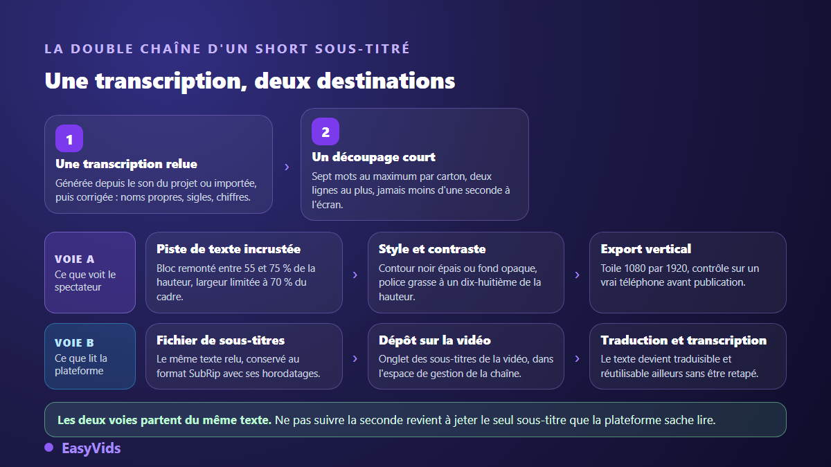 La double chaîne d'un Short sous-titré : une transcription relue qui alimente à la fois la piste de texte incrustée et le fichier de sous-titres déposé sur la vidéo