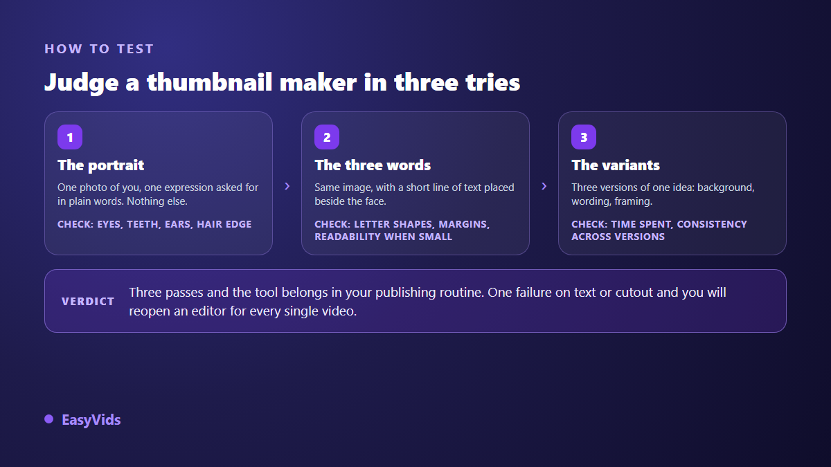 A three try method to judge a YouTube thumbnail maker: portrait, short text and variants