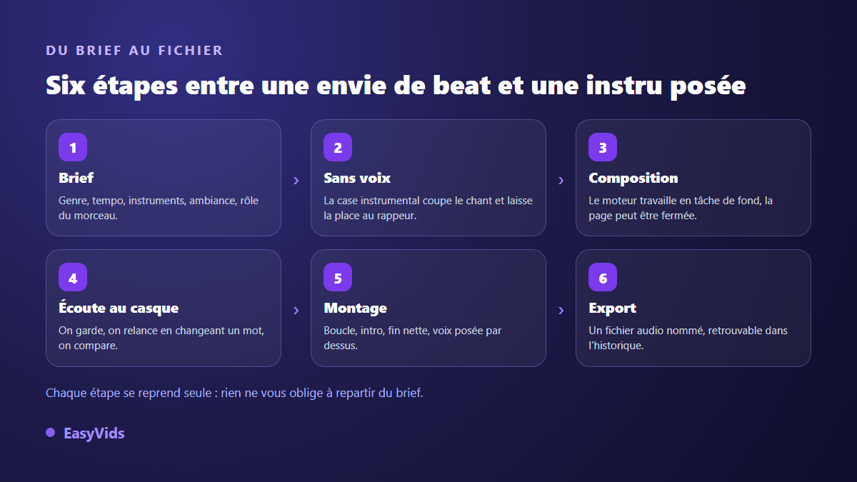 Chaîne de production d'un beat IA en six étapes, du brief écrit au fichier audio exporté