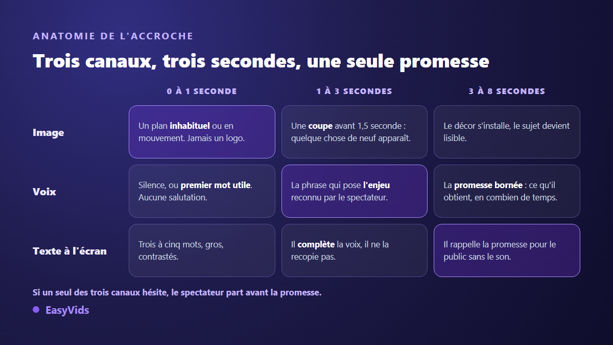 Anatomie des trois premières secondes d'une vidéo : première image, première phrase et promesse, avec ce que chaque canal doit apporter