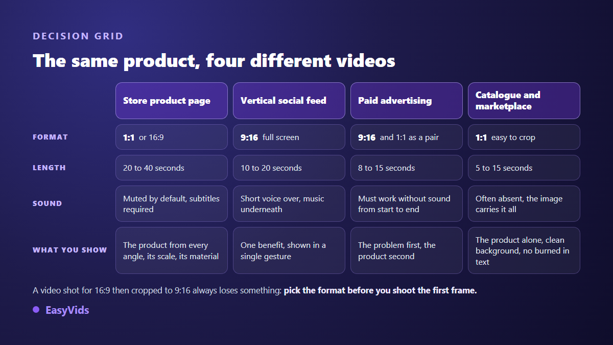 Decision grid for ecommerce product video formats by channel: product listing, vertical feed, paid ads, marketplace catalogue