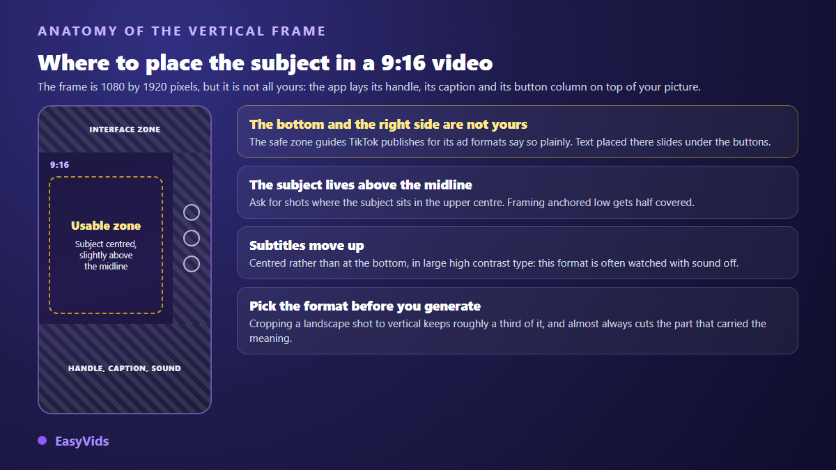 Anatomy of a 9:16 vertical shot for TikTok: usable central area, bottom and right side taken by the app interface