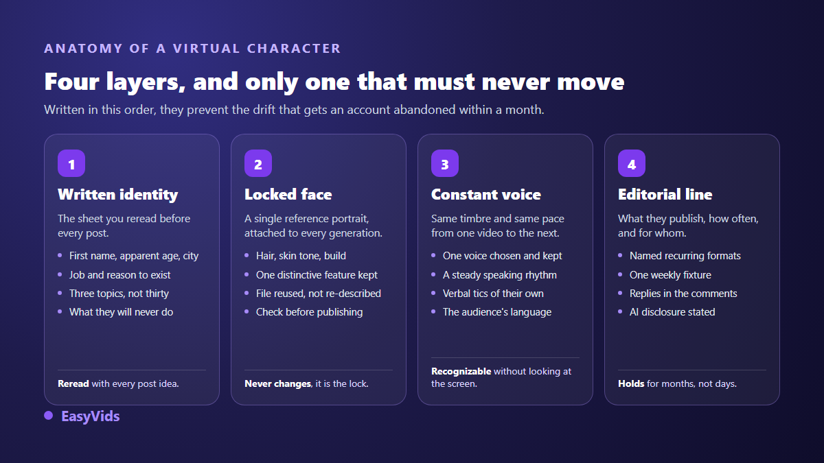 The four layers of an AI influencer: written identity, locked face, constant voice and content line