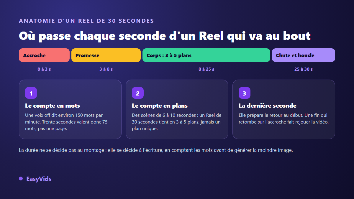 Anatomie d'un Reel Instagram de 30 secondes : accroche, promesse, corps en trois à cinq plans, chute et boucle