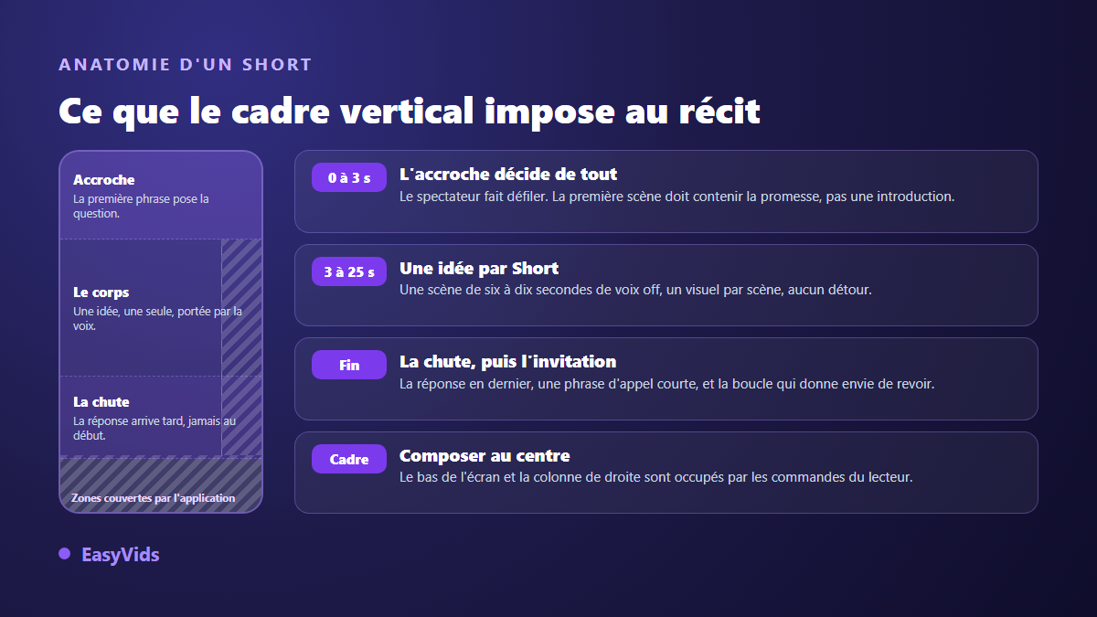 Anatomie d'un YouTube Short vertical : accroche des trois premières secondes, corps du récit, chute finale et zones du cadre 9:16 couvertes par les commandes du lecteur