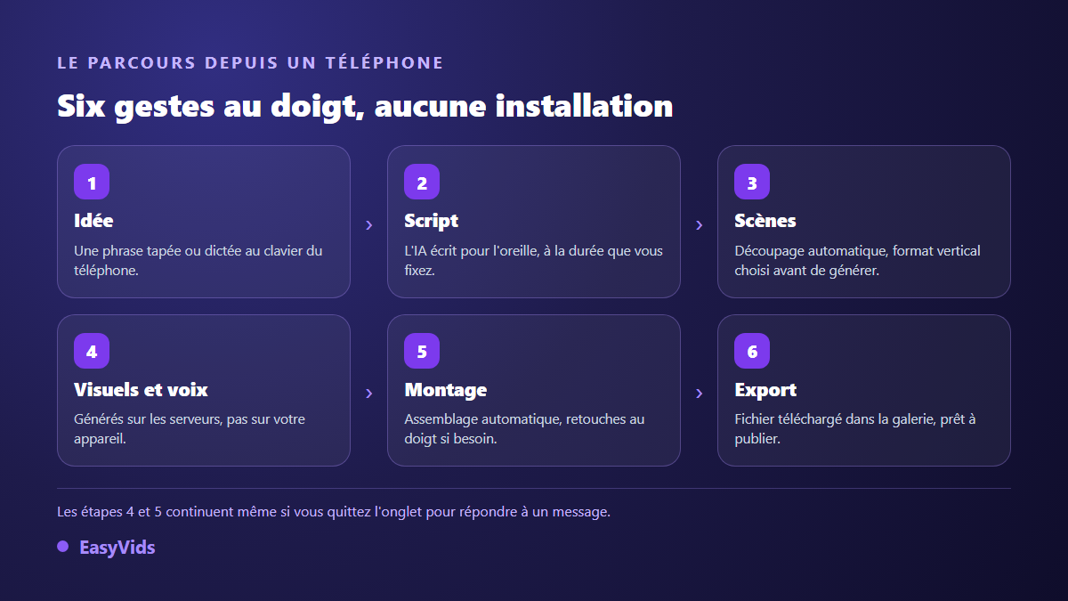 Les six étapes d'une vidéo IA créée depuis un téléphone : idée, script, scènes, visuels et voix, montage, export