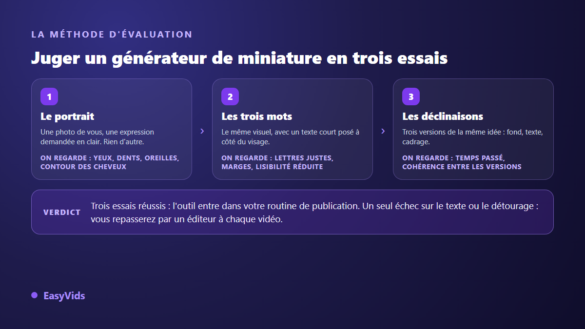 Méthode pour juger un générateur de miniature YouTube en trois essais : portrait, texte court et déclinaisons