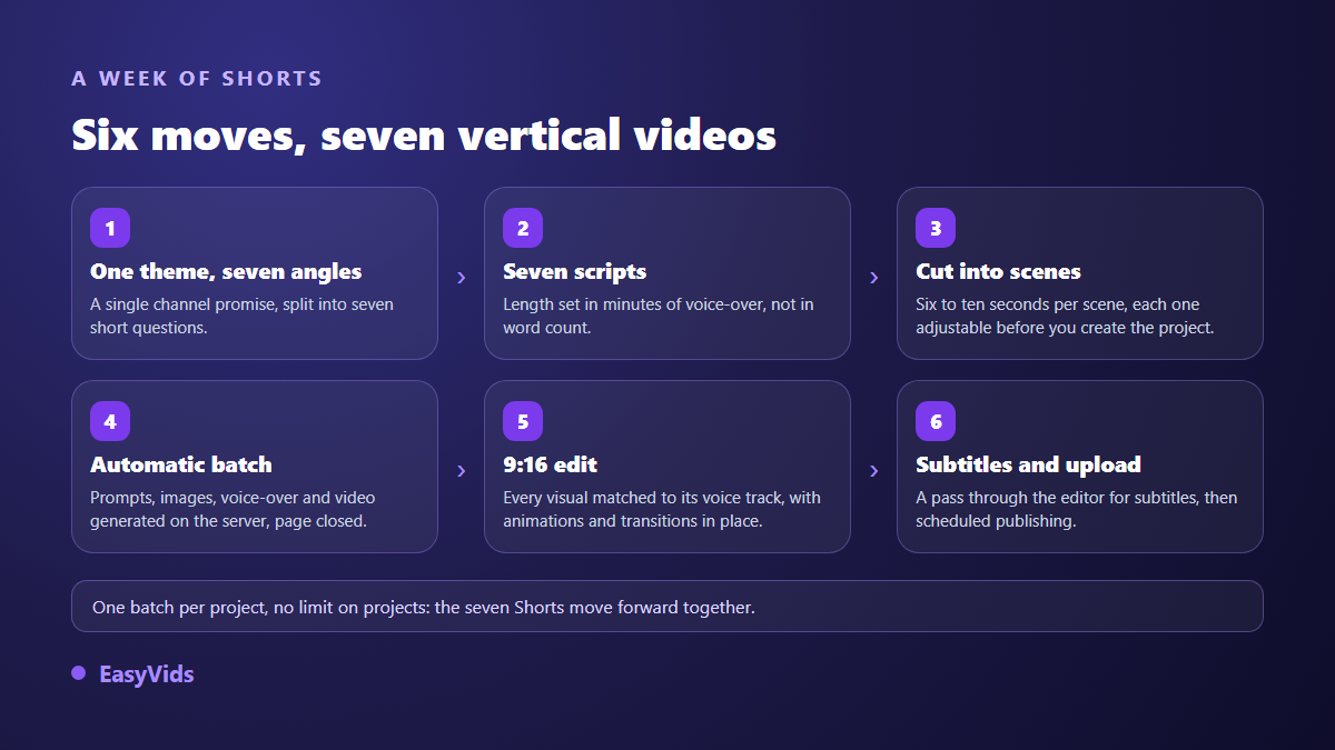 Weekly production chain for seven AI Shorts: theme, scripts, scene splitting, automatic batch, vertical edit and captions