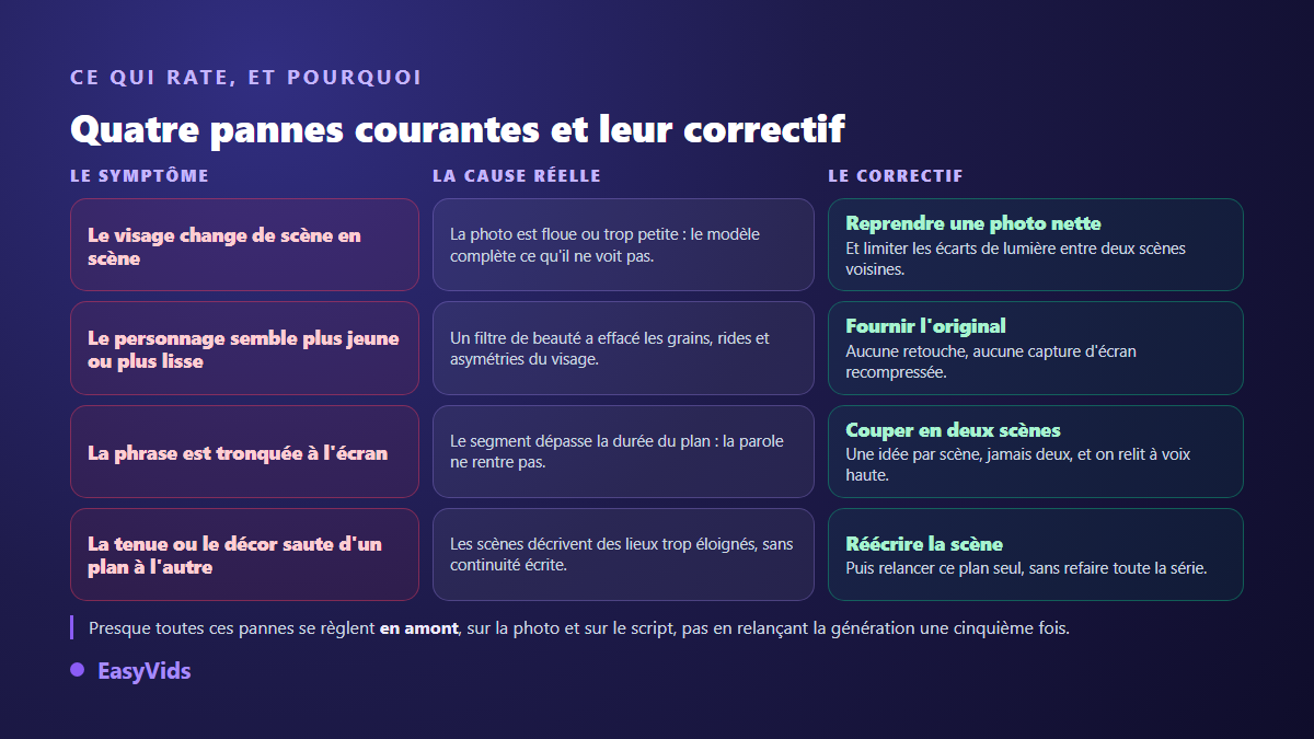 Tableau de diagnostic des ratés d'un avatar IA créé depuis une photo, avec cause et correctif