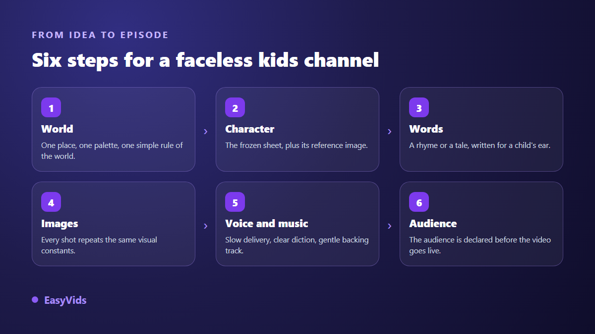 The six production steps of a faceless kids YouTube channel: world, character, words, images, voice and music, audience declaration