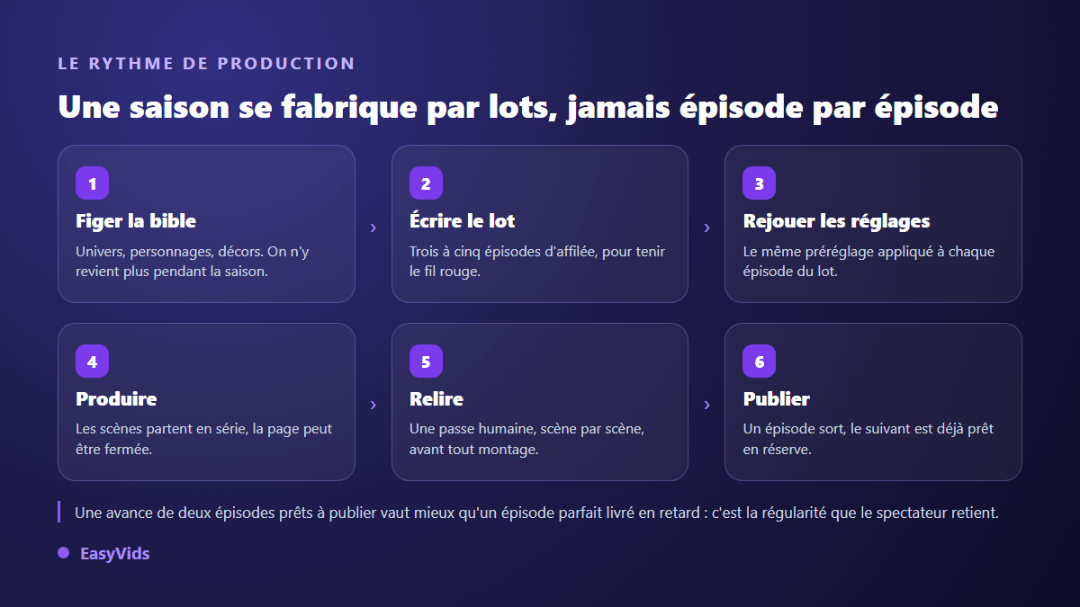 Cycle de production d'une série vidéo par IA en six étapes, de la bible figée à la publication