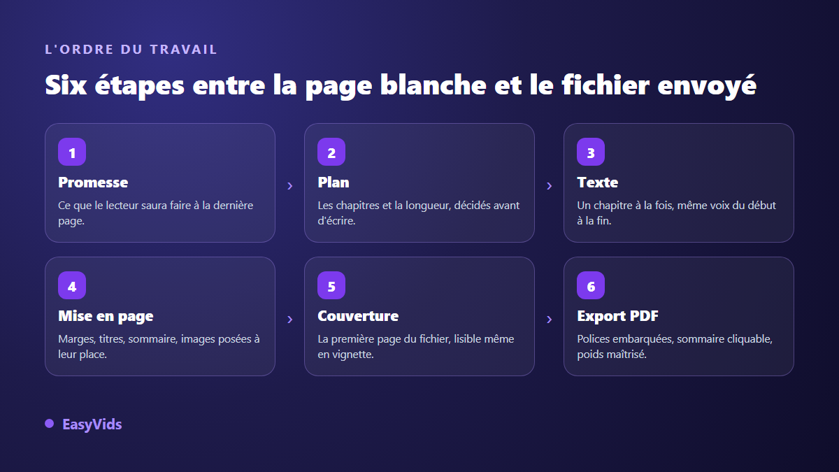 Les six étapes pour créer un ebook PDF : promesse, plan, texte, mise en page, couverture et export