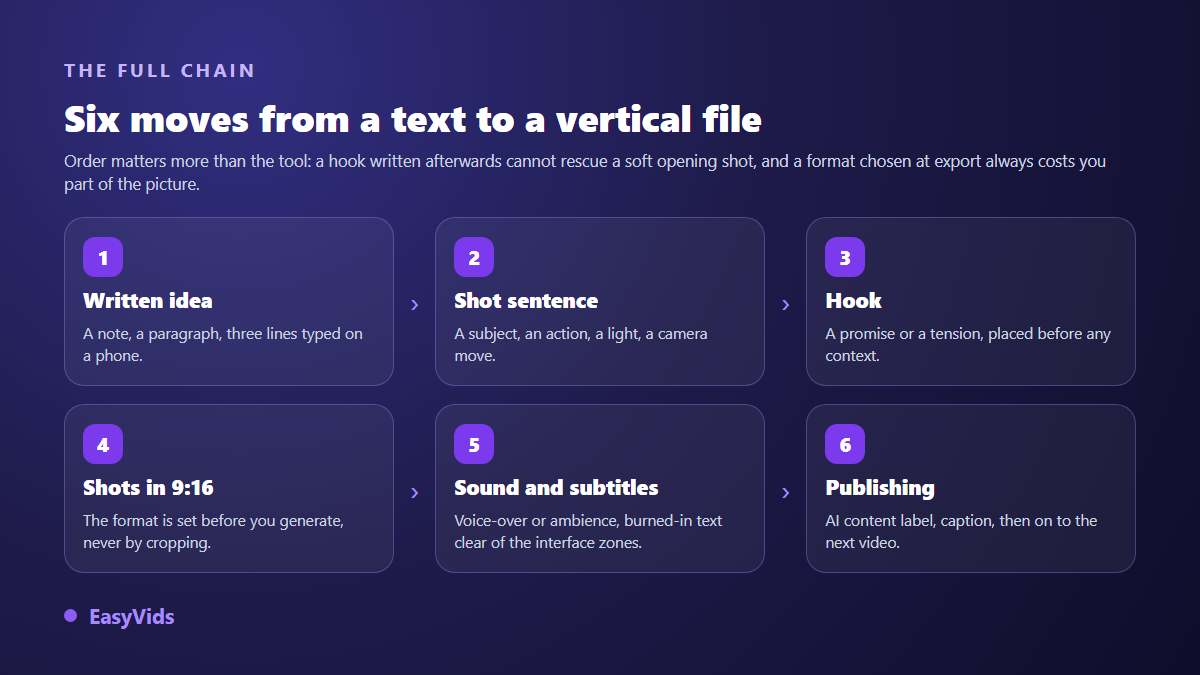 Production chain of a TikTok video made from text: written idea, shooting sentence, hook, vertical shots, sound and captions, publishing