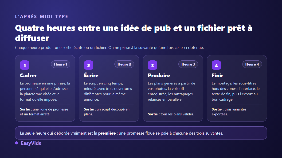 Les quatre heures d'une après-midi de production publicitaire, de la promesse écrite à l'export des variantes