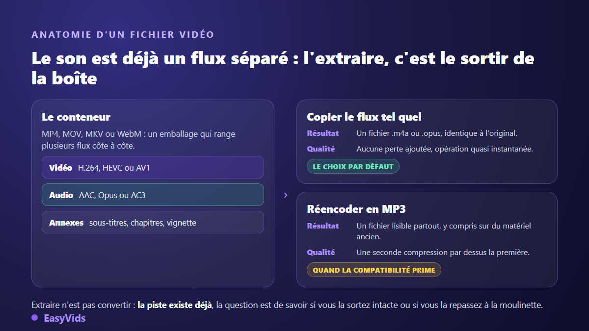 Anatomie d'un fichier vidéo : conteneur MP4, piste vidéo, piste audio AAC ou Opus, et les deux sorties possibles, copie de piste ou conversion MP3