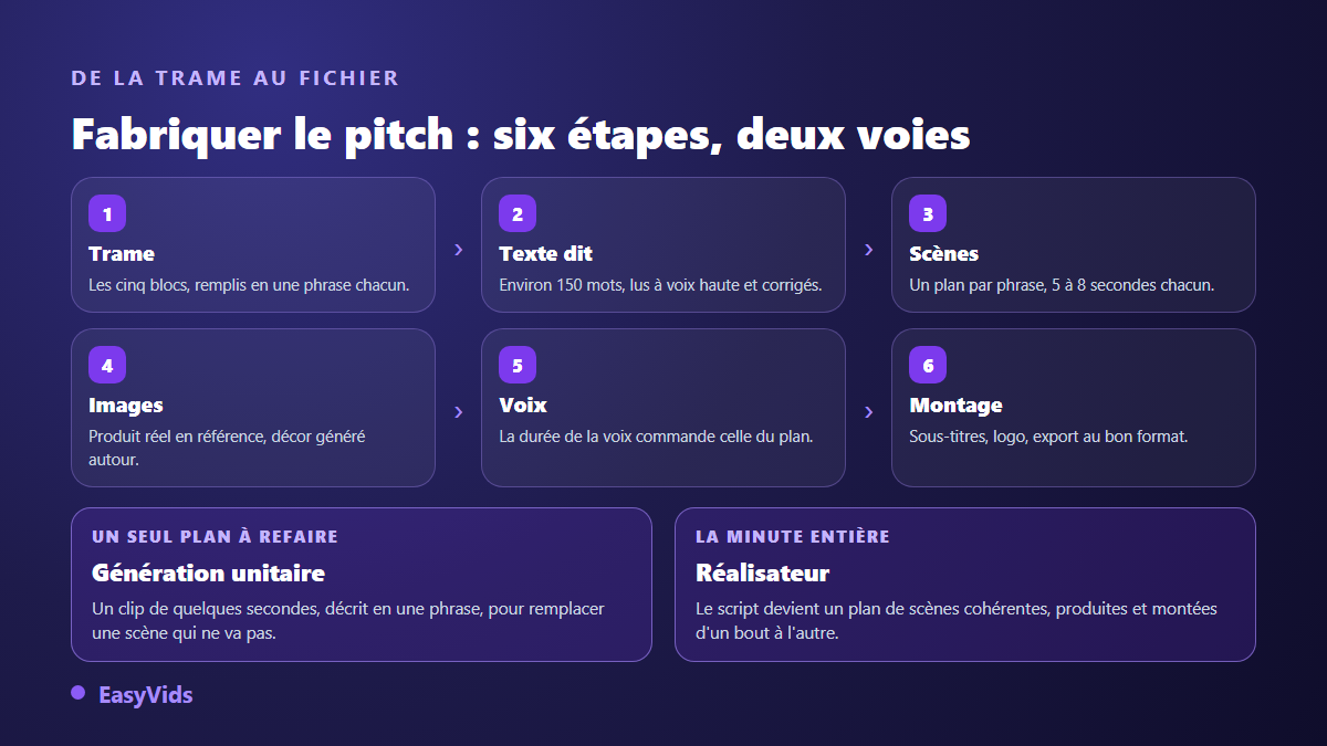Chaîne de production d'un pitch vidéo : trame, texte dit, découpage en scènes, images, voix off et montage, avec le choix entre génération unitaire et Réalisateur