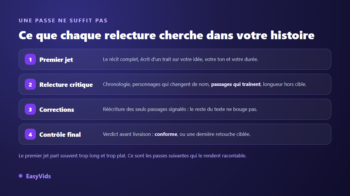 Les quatre passes d'une rédaction relue : premier jet, relecture critique, corrections ciblées et contrôle final avant livraison