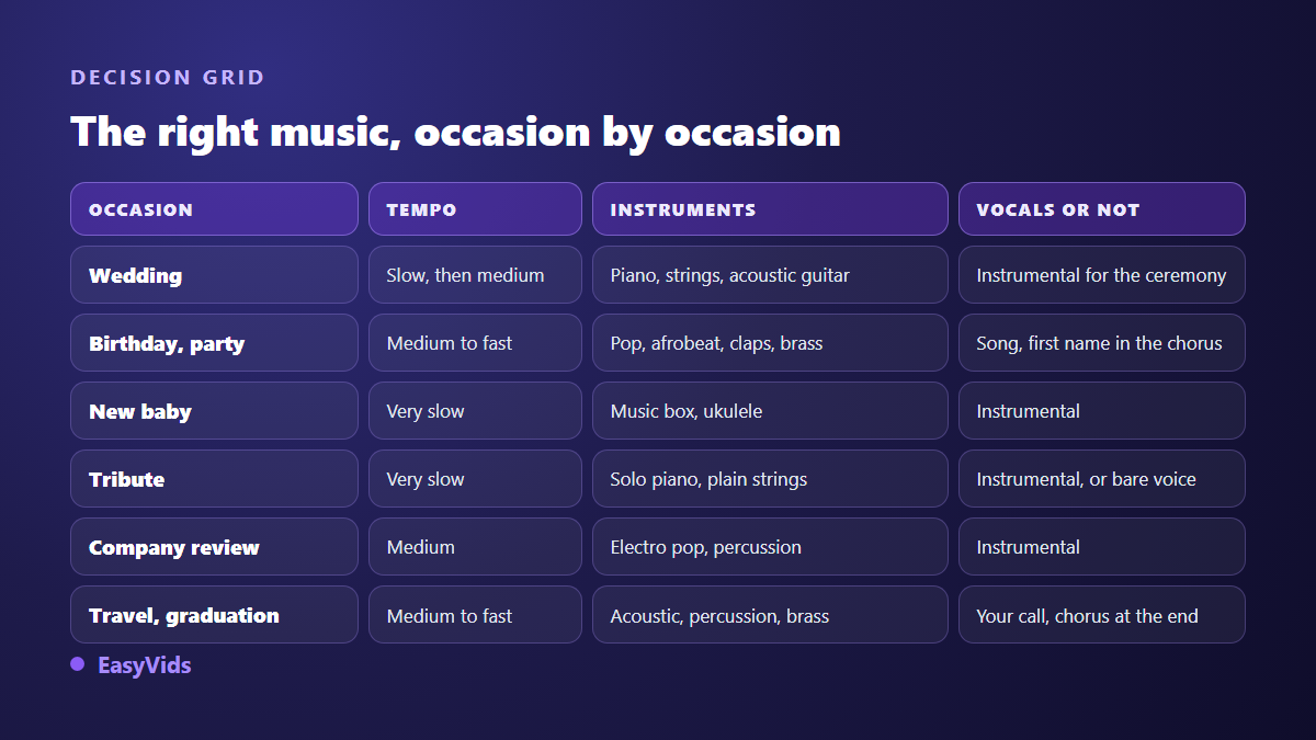 Decision grid for slideshow music by occasion: tempo, instruments and whether vocals belong