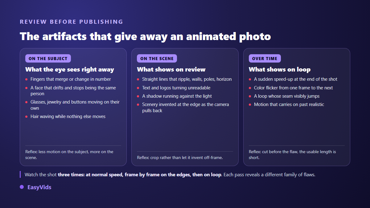 Common artifacts in an AI animated photo affecting hands, faces, straight lines and the loop