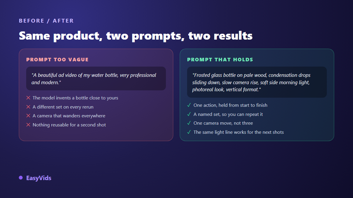 A vague product video prompt compared with a precise one, with the consequences of each