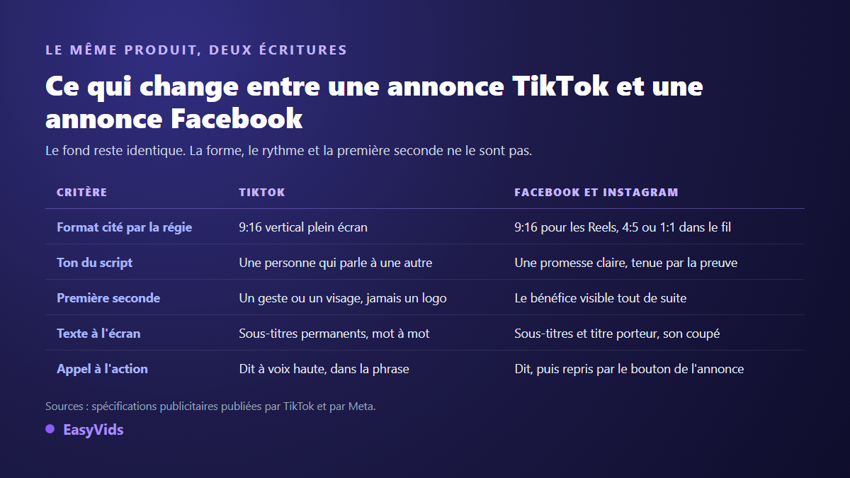 Comparaison entre un script publicitaire TikTok et un script publicitaire Facebook : format, ton, première seconde et appel à l'action