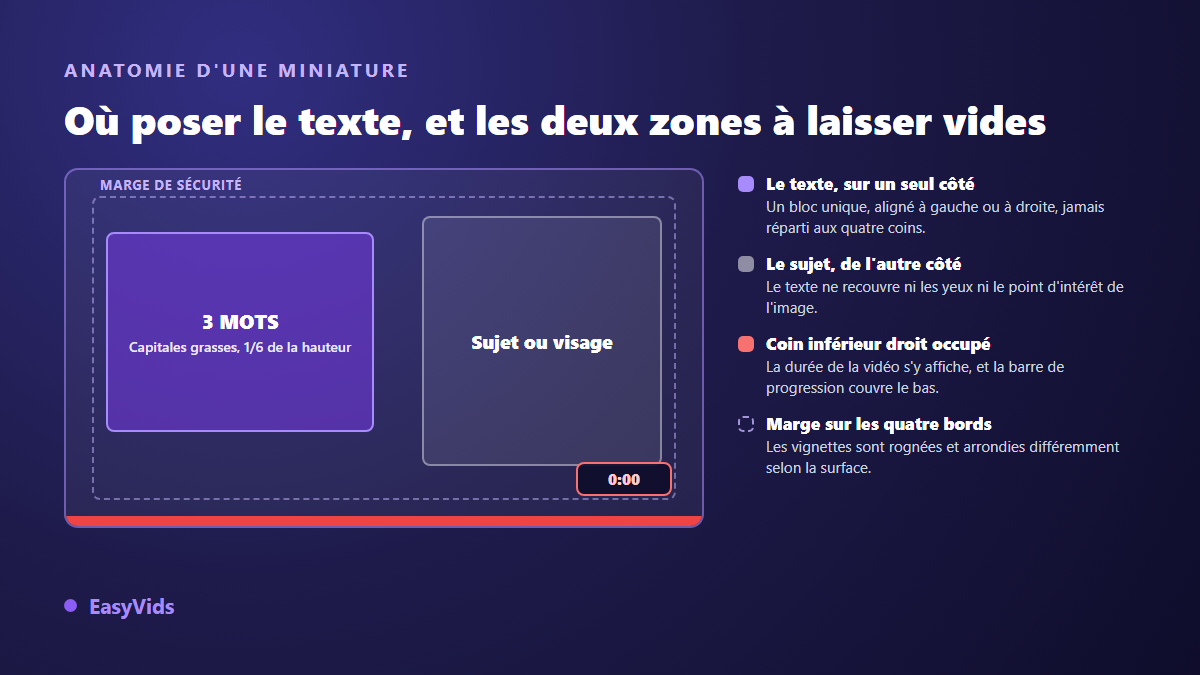 Anatomie du texte d'une miniature YouTube : bloc de texte d'un côté, sujet de l'autre, coin de la durée et barre de progression laissés libres