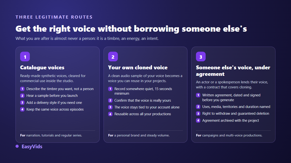 Three legitimate alternatives to a celebrity AI voice: catalogue voices, cloning your own voice, a third party voice under written agreement