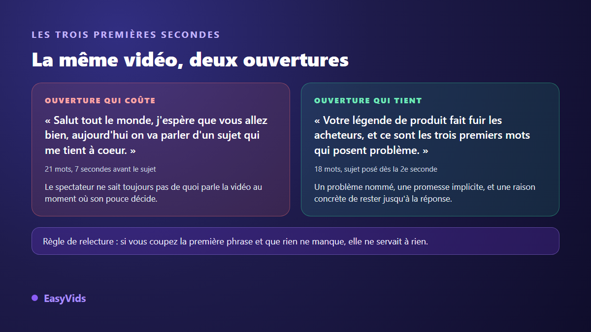 Comparaison de deux ouvertures de script TikTok : une accroche polie qui perd sept secondes et une accroche qui pose le sujet dès la deuxième seconde