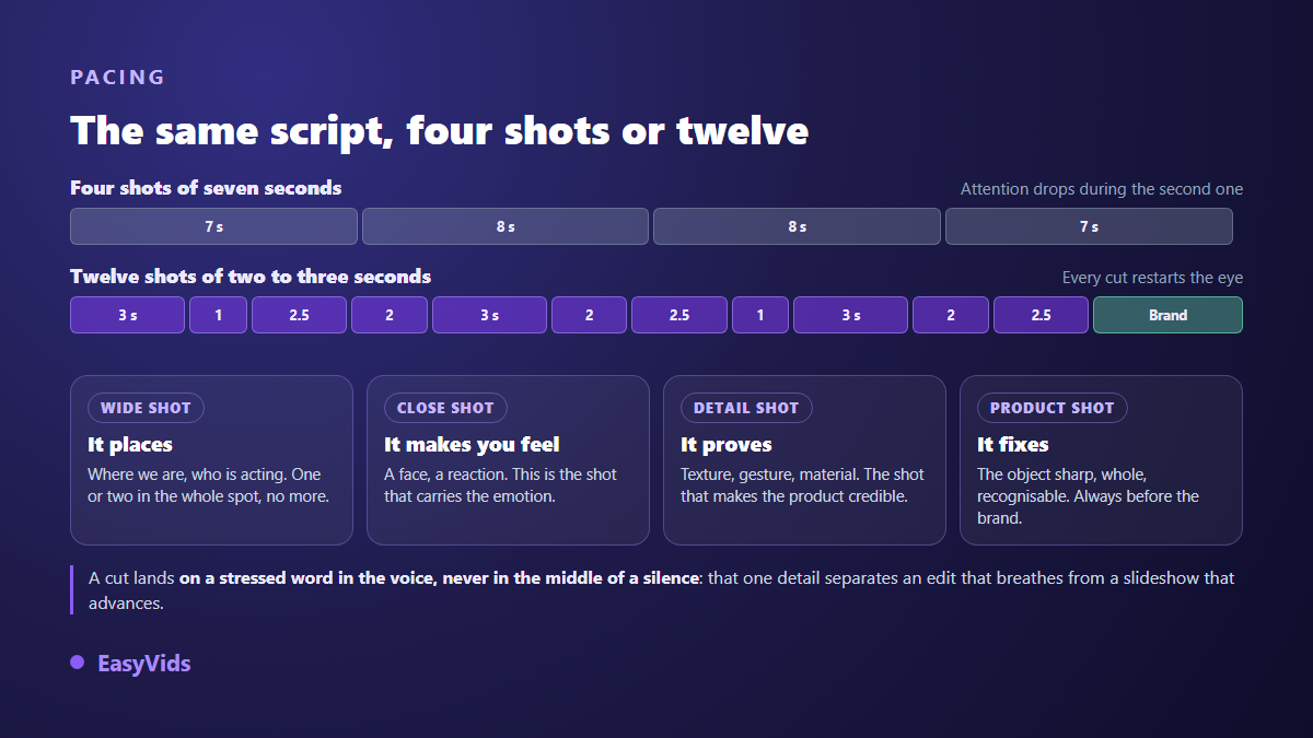 Pacing comparison for a commercial: four shots of seven seconds against twelve shots of two to three seconds, plus the four shot values