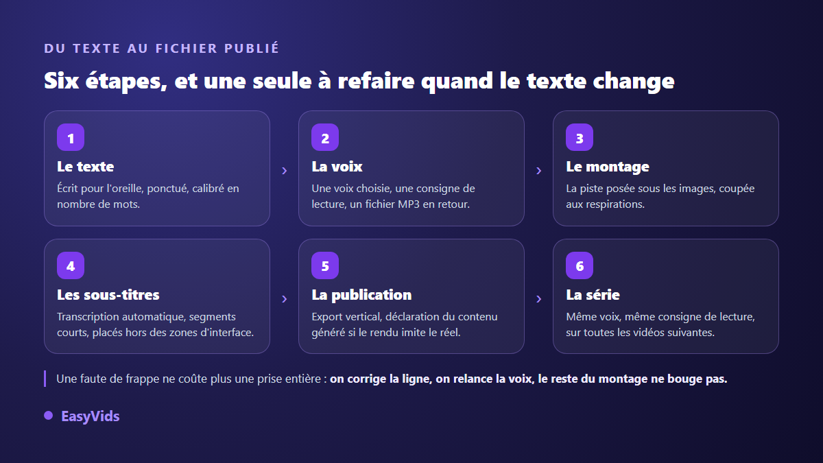 Les six étapes d'une voix off TikTok : texte calibré, génération de la voix, montage, sous-titres, publication et série