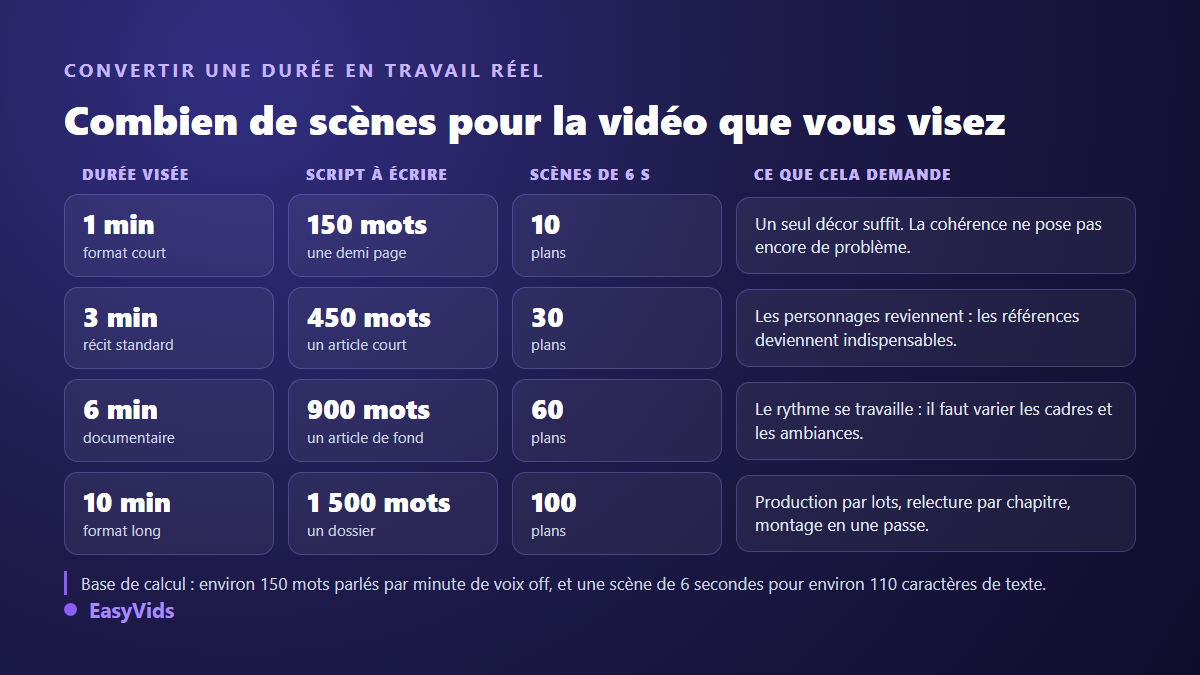 Tableau qui convertit une durée de vidéo IA visée en nombre de mots de script et en nombre de scènes à produire