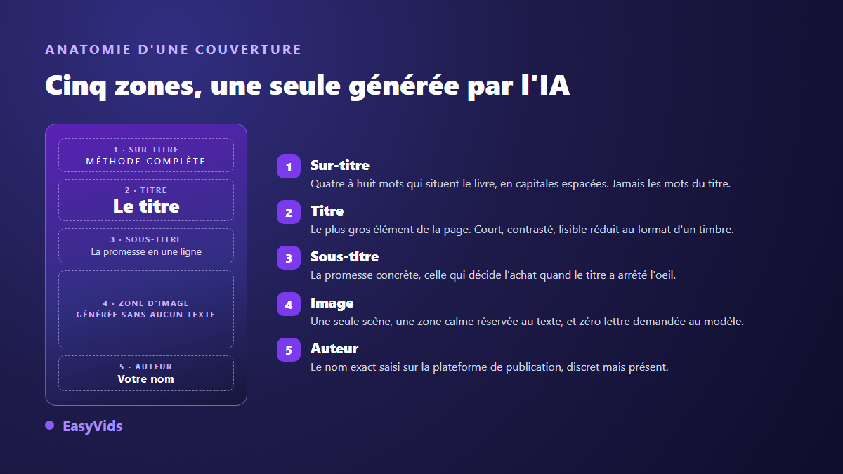 Anatomie d'une couverture de livre : sur-titre, titre, sous-titre, zone d'image générée sans texte et nom de l'auteur