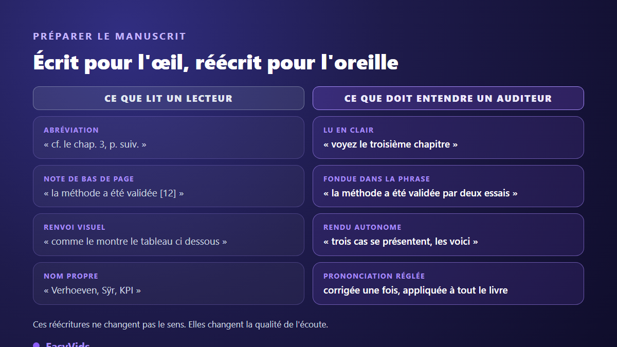 Avant après d'un texte préparé pour la narration audio : abréviations, notes de bas de page et renvois visuels réécrits pour l'oreille