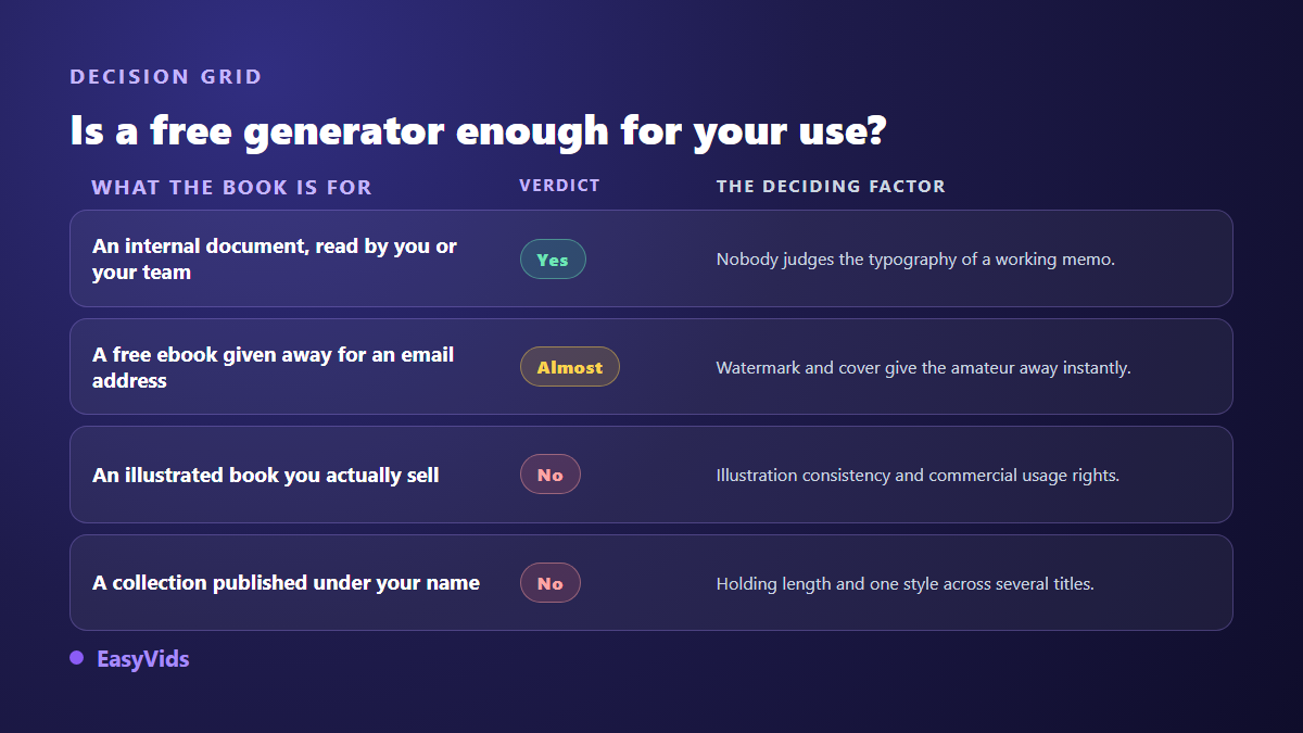 Decision grid showing when a free AI book generator is enough and when a complete tool is needed