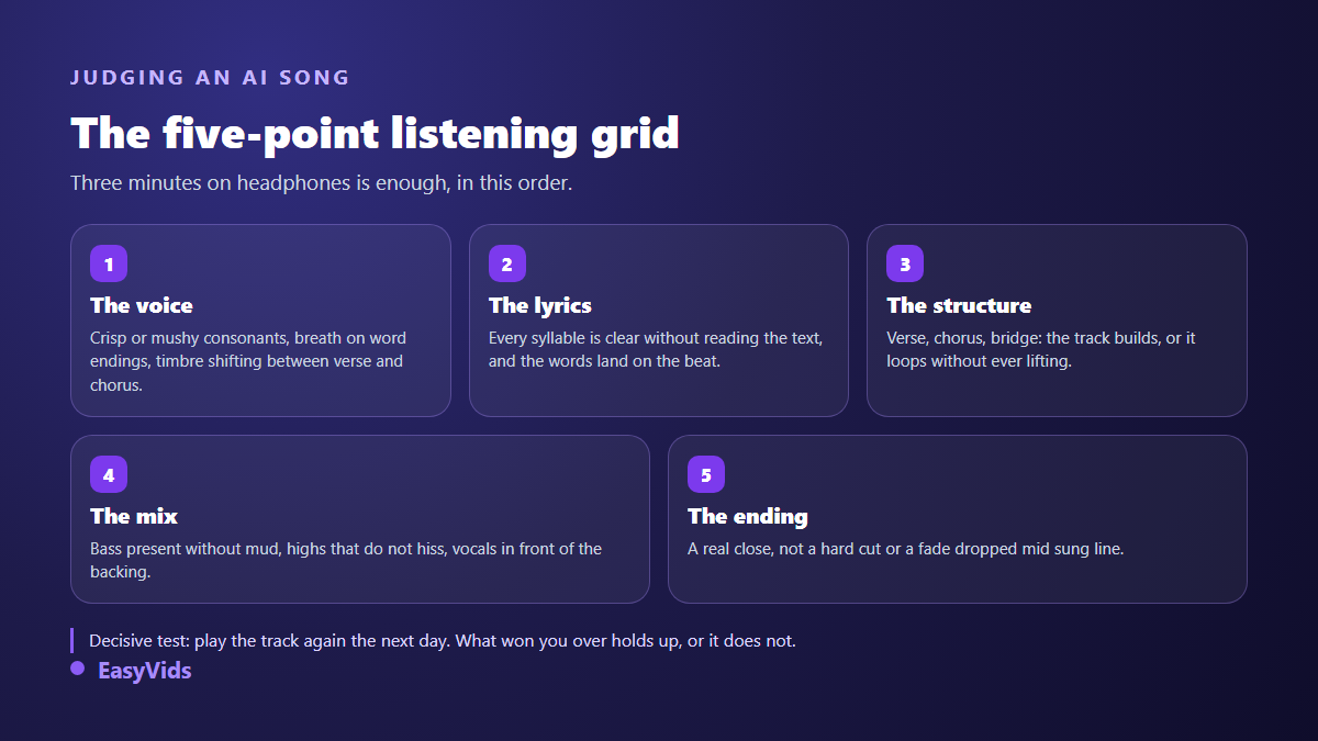 Five point listening checklist for an AI song: vocals, lyrics, structure, mix and ending