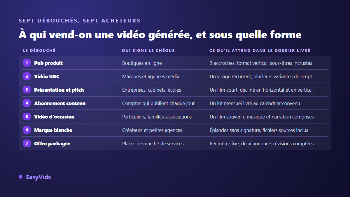 Tableau des sept débouchés pour vendre des vidéos IA, avec le client type et le livrable attendu pour chacun