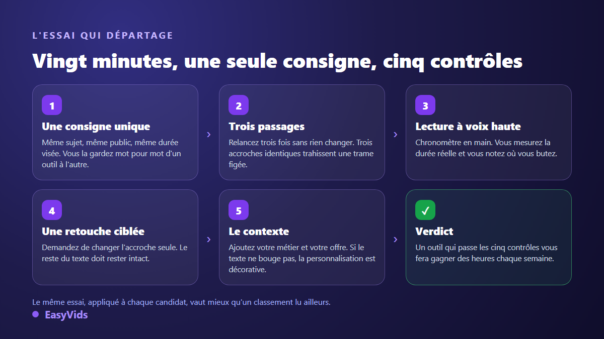 L'essai de vingt minutes pour comparer des générateurs de script IA : consigne unique, trois passages, lecture à voix haute, retouche ciblée, contexte
