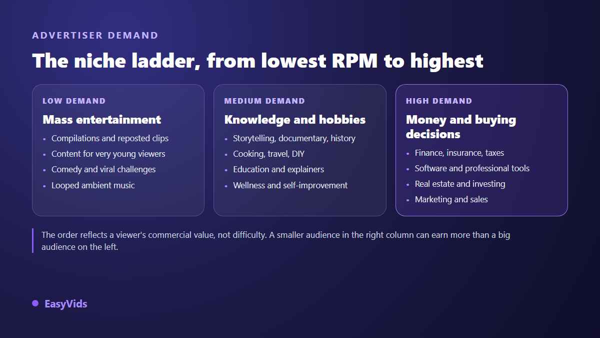 Three levels of advertiser demand by YouTube niche, from mass entertainment to finance and professional purchase topics